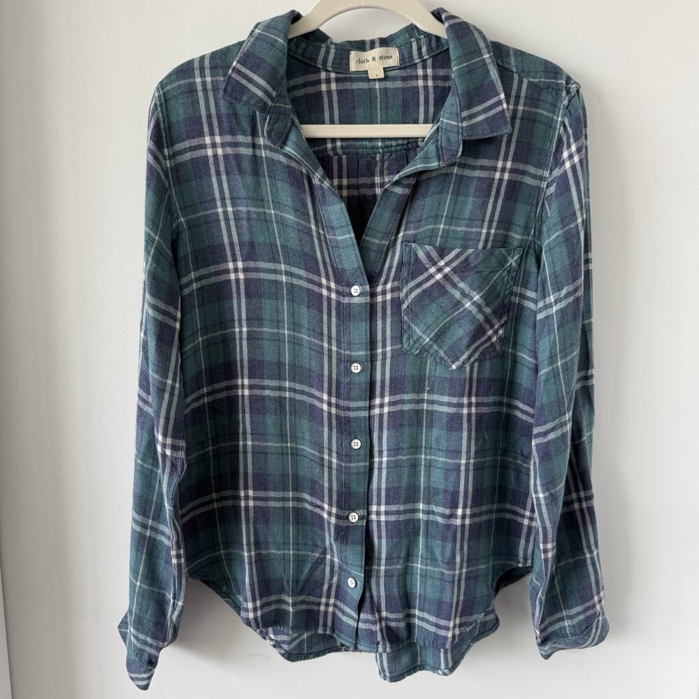 Anthropologie Cloth & Stone Plaid Button Down Shirt Women's Large Blue Green L